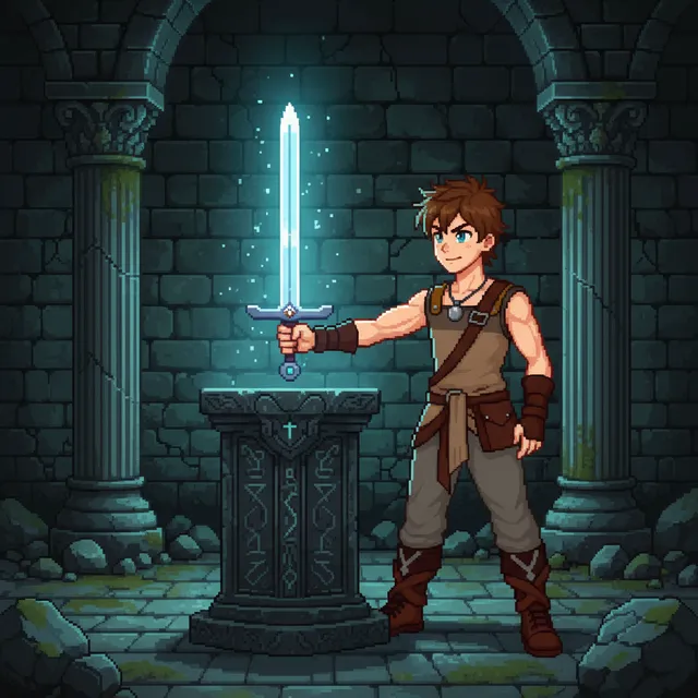 Pixel Art-style AI comic panel sample generated with Tervix