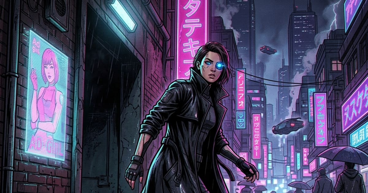 Cyberpunk-style AI comic panel 1 — neon-future cyberpunk panel with rain-slick streets generated with Tervix's AI Cyberpunk Comic Generator