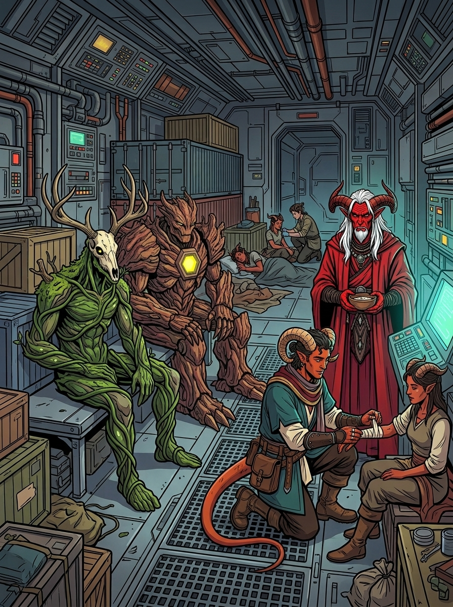 Altir's Fall — page 10 panel 1: Inside the ship, the refugees rest as the Oracle AI detects an unregistered distress beacon.