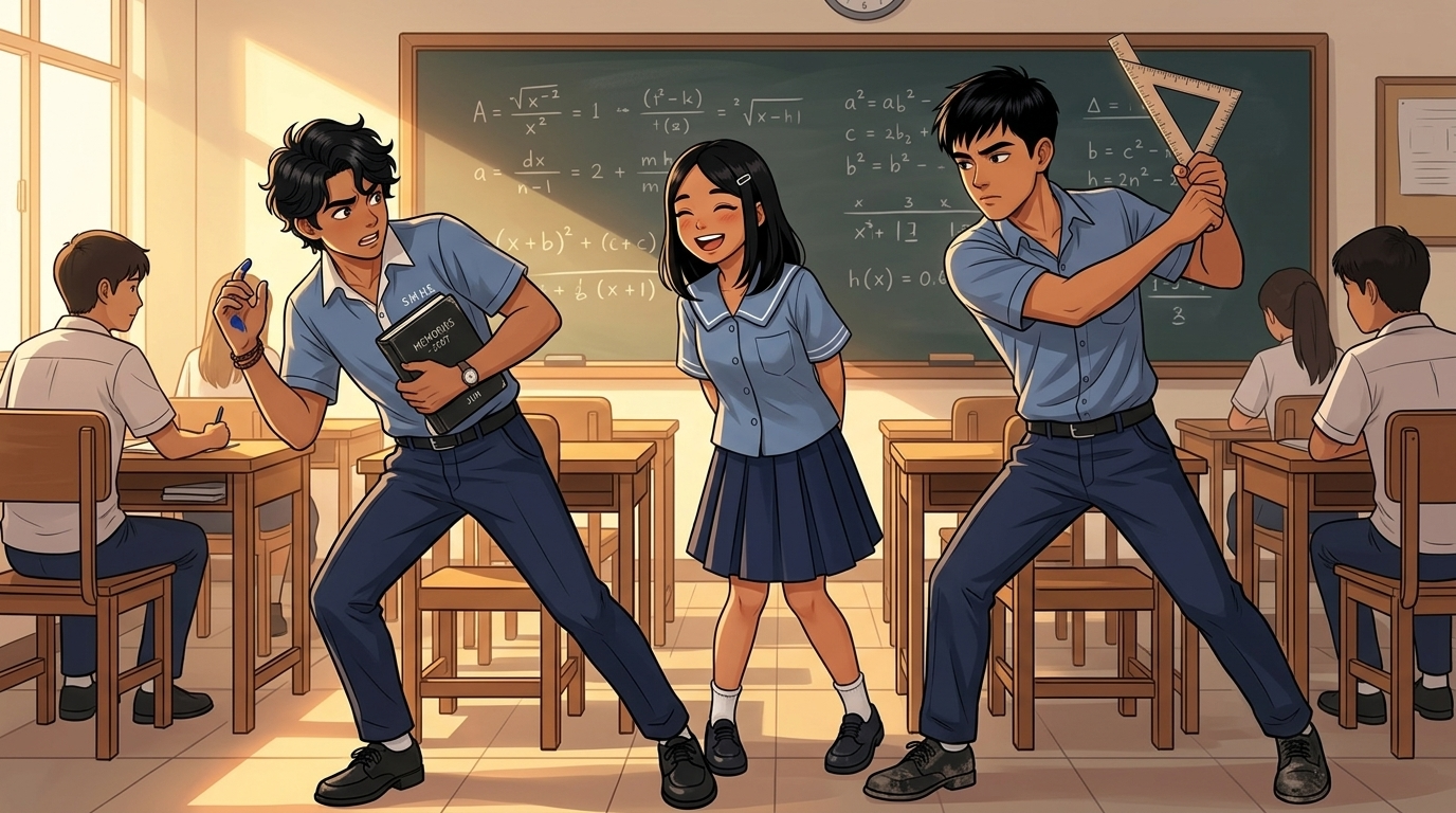 Letters I'll Never Send — Part One: Miles Between Us — page 10 panel 4: Ace reaches for the eraser, but LA’s ruler suddenly sweeps into frame as he gestures grandly. Ace jerks back, nearly dropping the notebook, while Sarah laughs openly.