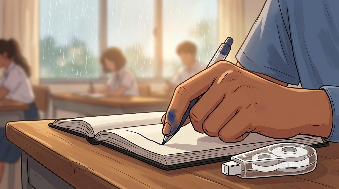 Letters I'll Never Send — Part One: Miles Between Us — page 10 panel 6: Ace lowers his pen to the notebook, pressing too hard into the blue ink. In the foreground, the white correction tape dispenser rests beside his hand, ready to cover the words he cannot say.