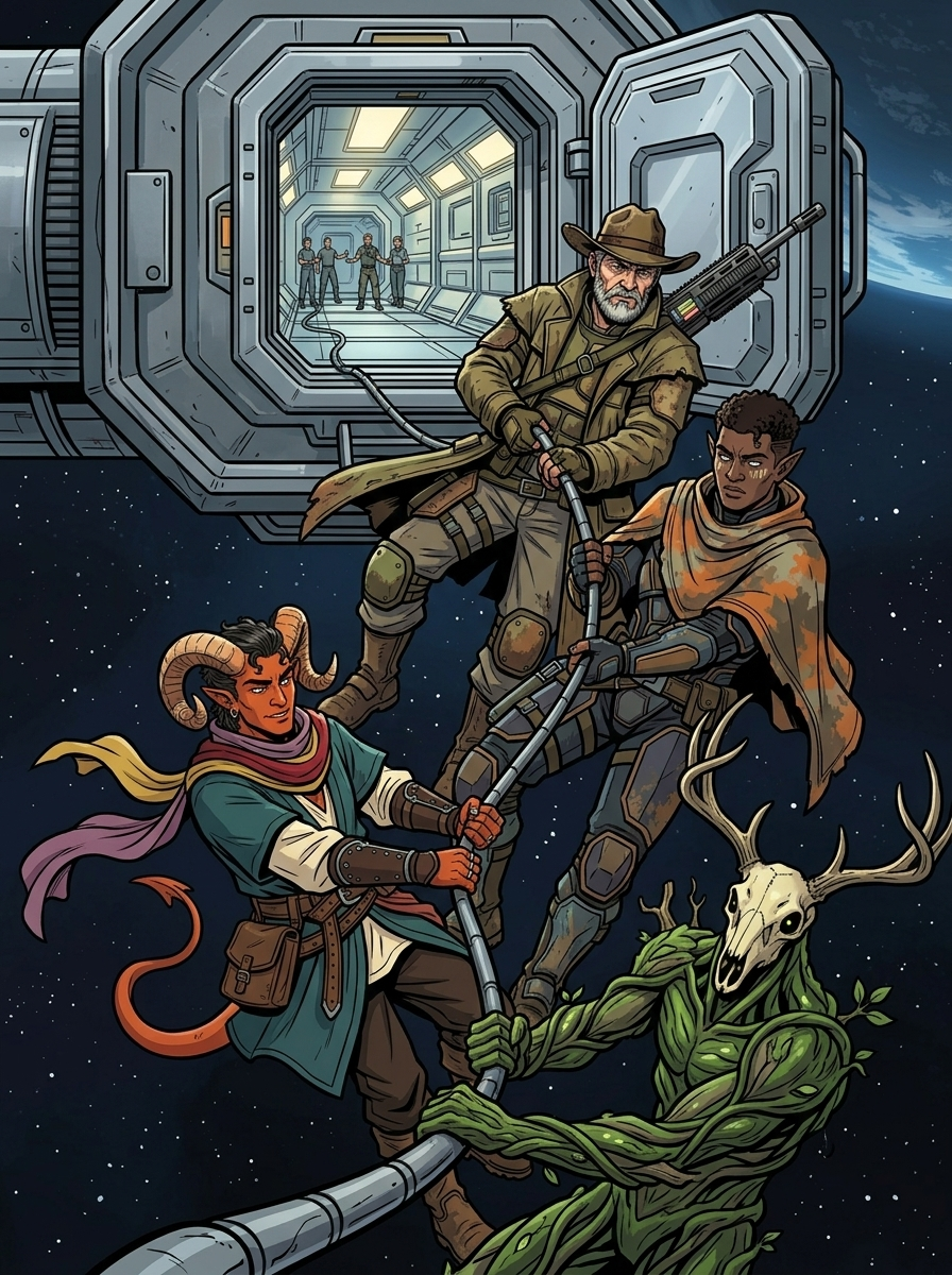 Altir's Fall — page 18 panel 1: The group desperately scrambles back across the tether line to the safety of the Argos.