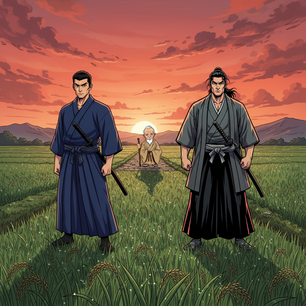 Silent Strike at Dawn — page 1 panel 1: The first light of dawn paints the sky crimson over a vast, windswept rice paddy. Two lone samurai stand far apart, mere silhouettes against the rising sun, their forms still and tense. In the distance, an elderly figure watches, a silent witness.