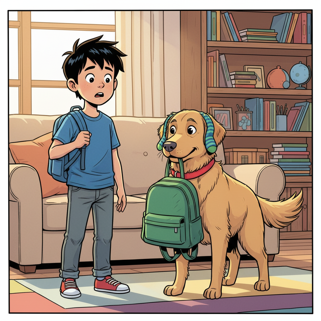 The Day My Dog Tried to Go to School — page 1 panel 1: Rohan, utterly bewildered, stares at Bruno who proudly wears his socks on his ears, holding Rohan's school bag. The morning light streams into the cozy living room.
