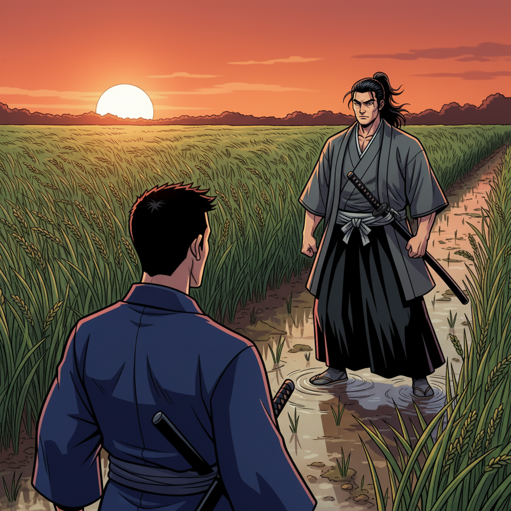 Silent Strike at Dawn — page 1 panel 2: Kaito and Ren slowly close the distance, their eyes locked in an unyielding stare. The wind whispers through the tall rice stalks, the only sound breaking the heavy silence.