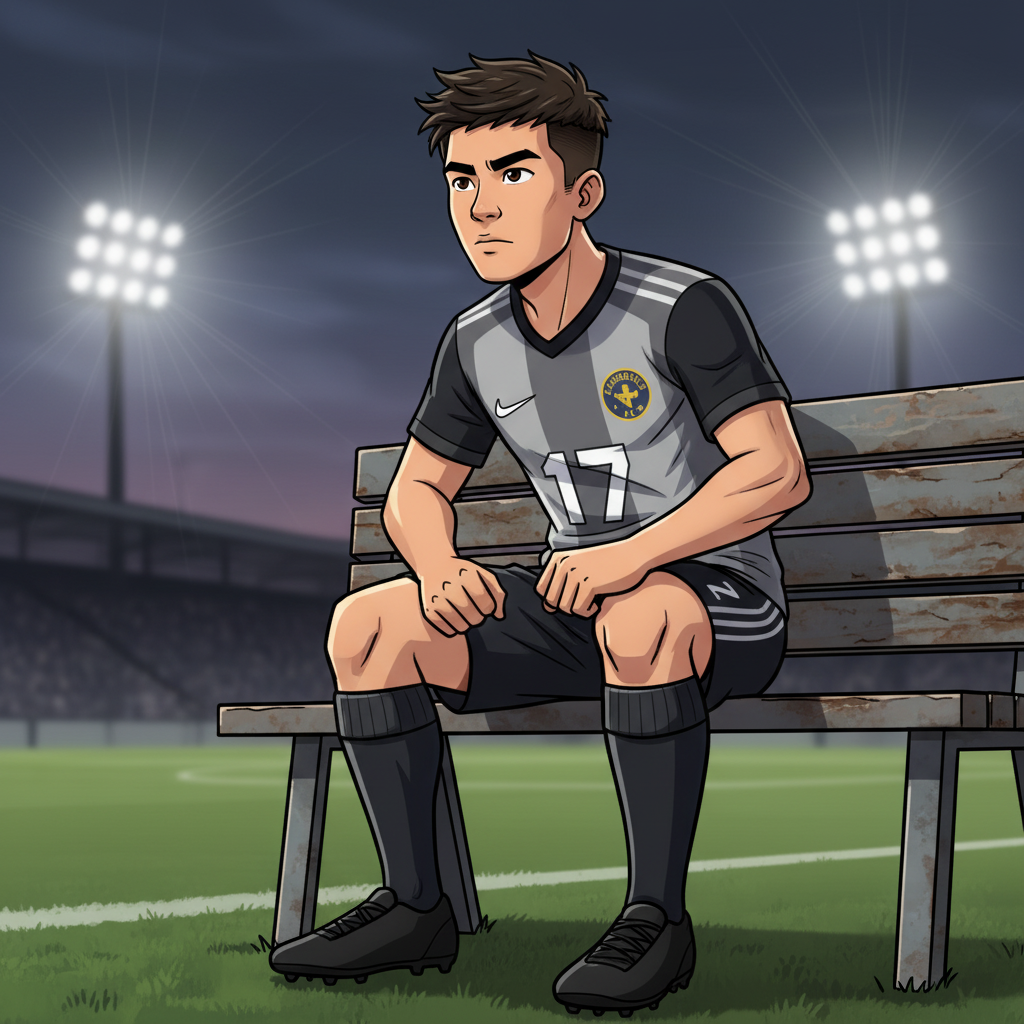 The Number 17 — page 1 panel 2: On the Kingsbridge bench, Luca sits calmly amidst the tension. His eyes, though fixed on the distant field, betray a quiet intensity, a readiness that belies the team's current predicament.