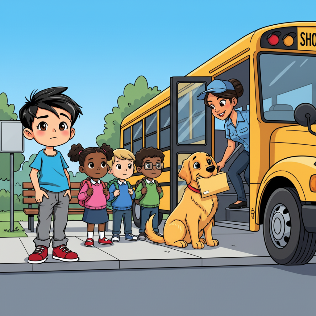 The Day My Dog Tried to Go to School — page 1 panel 2: At the bustling bus stop, Rohan pulls Bruno along, who is sitting patiently in line with other children. The bus driver looks on with an amused expression as Bruno confidently boards the bus, clutching a 'homework' folder.