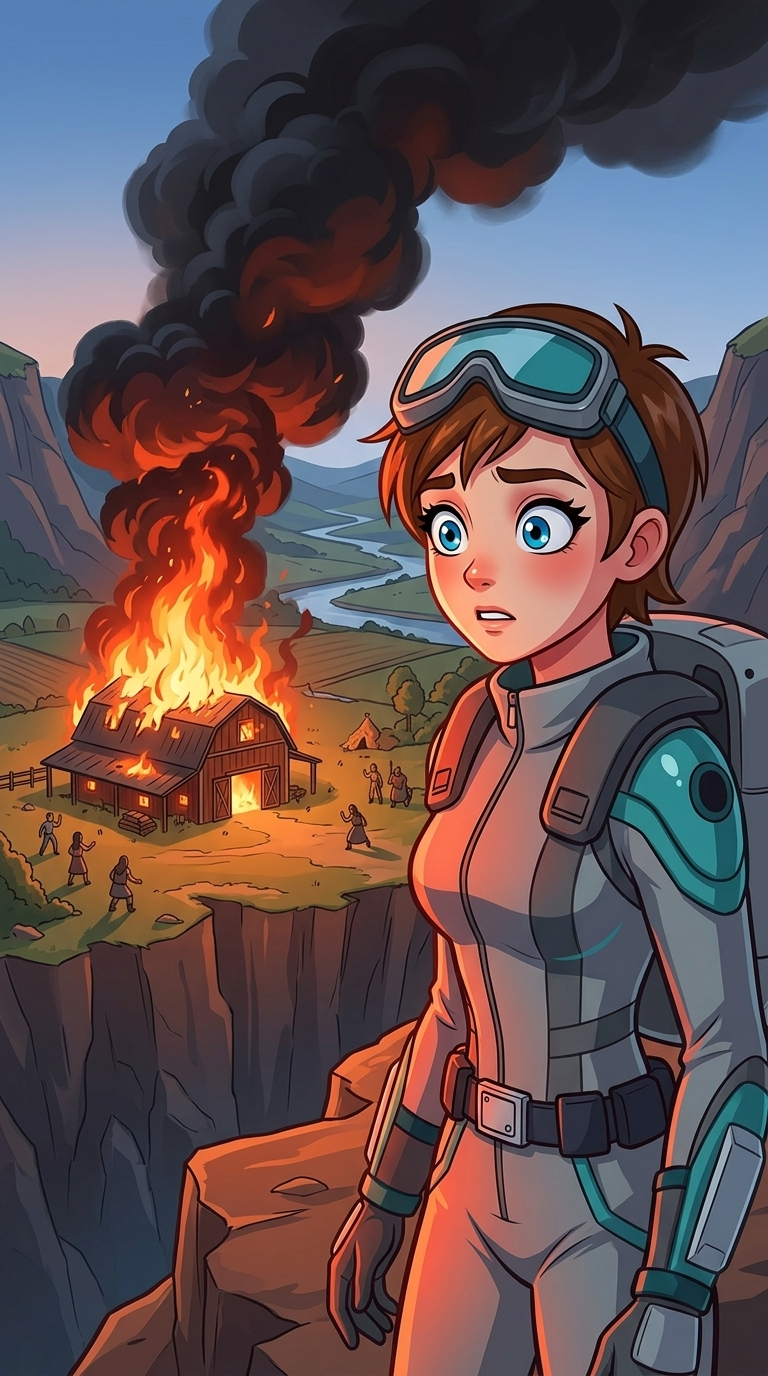 Skye the Sky-Rider — page 1 panel 2: Skye's serene expression turns to alarm as she spots the unmistakable orange glow and thick black smoke rising from a barn in the valley below. The danger is clear and immediate.