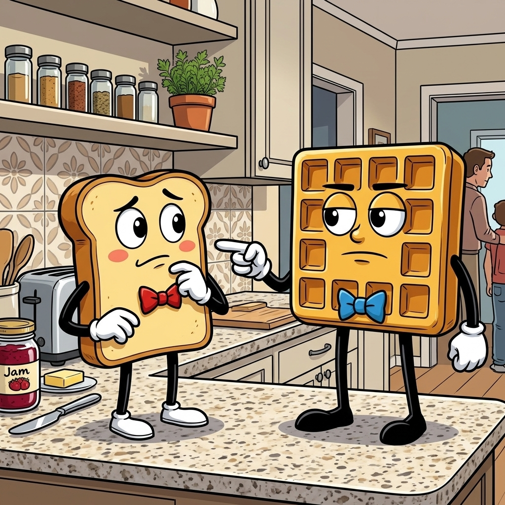 A Toasty Situation — page 1 panel 2: Waffle delivers a deadpan pun, completely unamused by Toast's excitement.