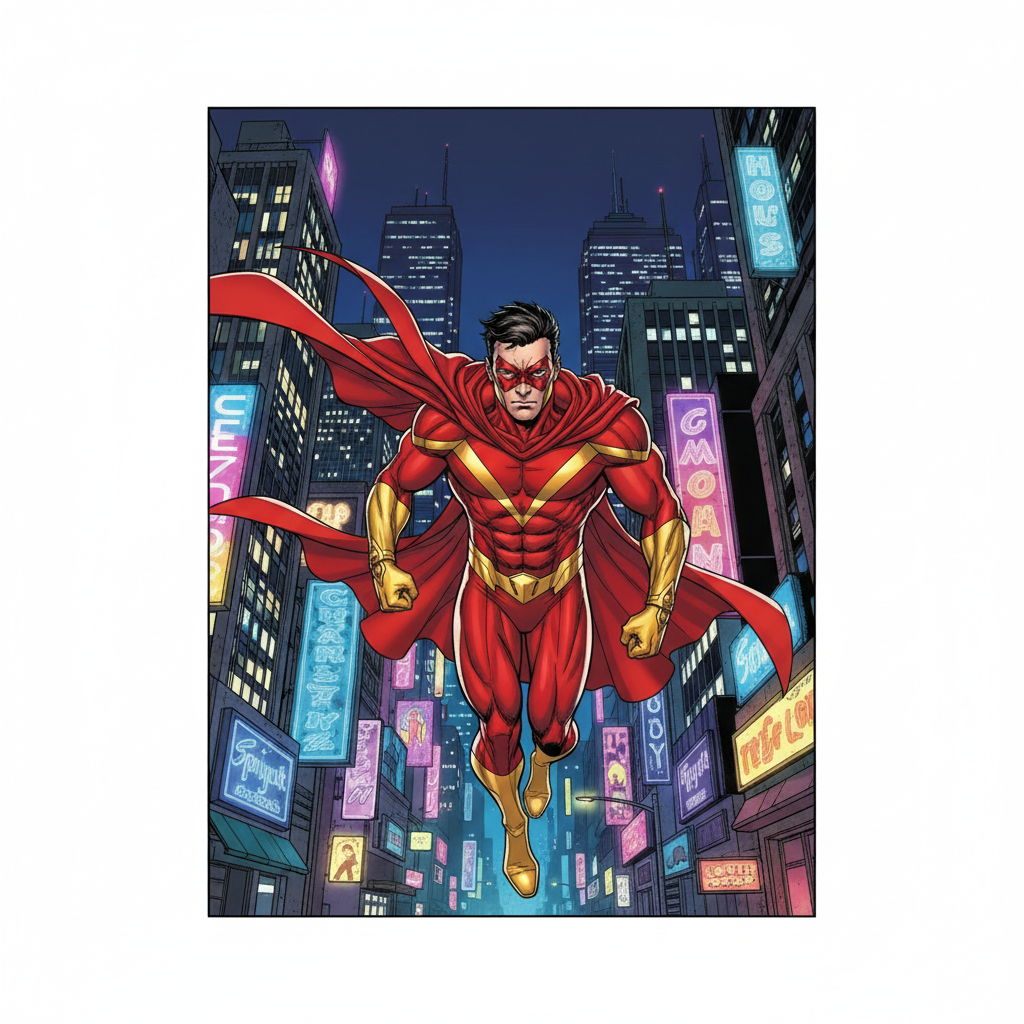 Crimson Comet: Harbor Heist — page 1 panel 3: A crimson blur streaks across the night sky, a streak of hope and vengeance. Crimson Comet is already on the move, a formidable presence against the urban sprawl.