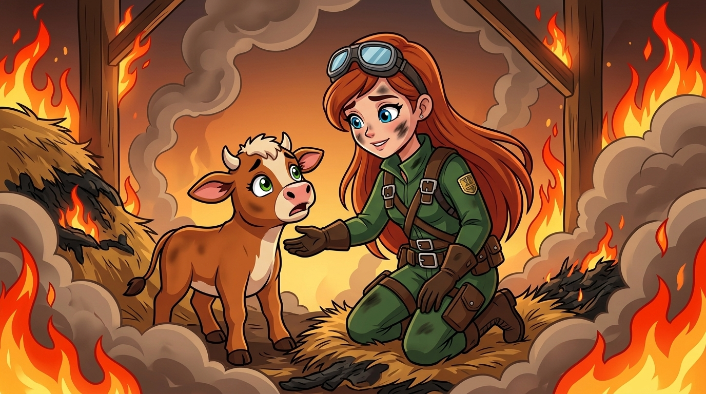 Skye the Sky-Rider: Barn Fire — page 1 panel 3: Inside the inferno of the barn, Skye quickly locates a terrified calf, huddled amidst the flickering flames and oppressive smoke.