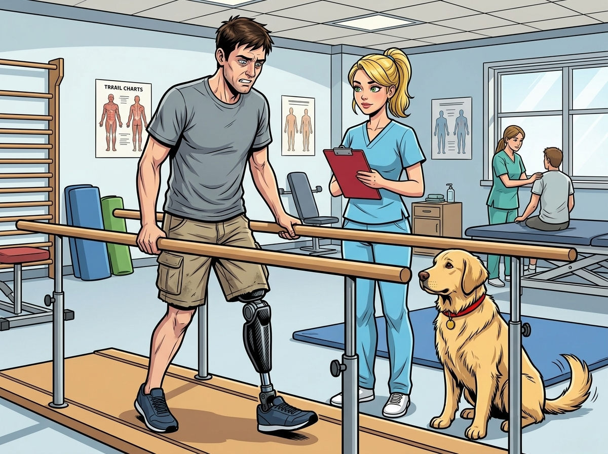 The Ghost Leg and the Coming Storm — page 1 panel 3: Andrew takes measured steps along the parallel bars, gritting his teeth as the prosthetic liner chafes his stump. Watson, ever vigilant, watches from the end of the rails, his tail beating a slow, insistent rhythm.