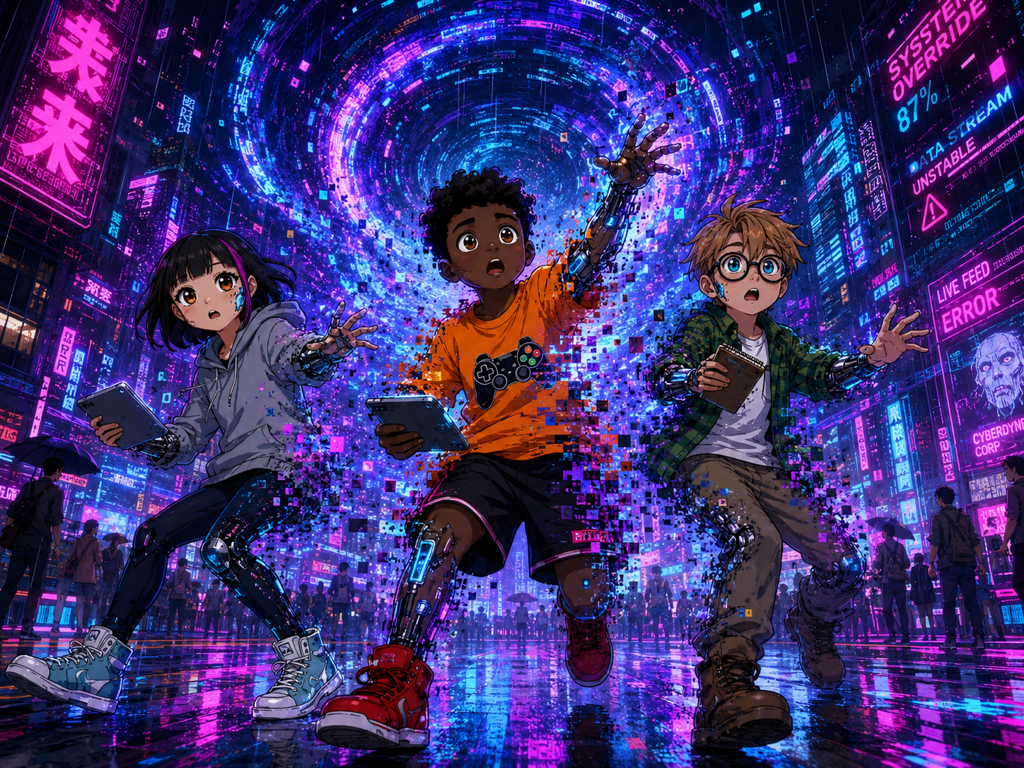 The Digital Defenders: CIVIX Adventure — page 1 panel 3: A sudden surge of light engulfs the friends as the CIVIX app pulls them into a vortex of swirling digital data. Their expressions are a mix of shock and wonder.