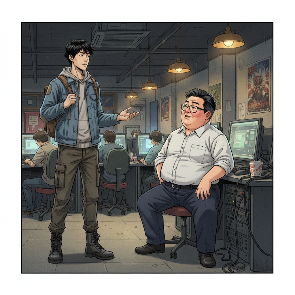 赵明的夏天 — page 1 panel 4: 赵明走进网吧，与网吧老板交谈，老板面带微笑地听着，似乎对这个年轻人很感兴趣。