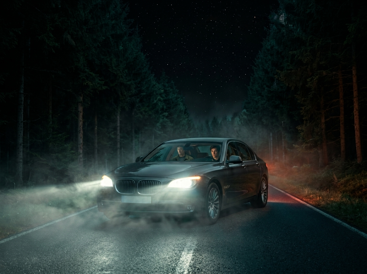 Things That Wait — page 1 panel 4: Present day. A dark winding country road lined with dense pine trees. A lone car's headlights pierce the midnight darkness and light mist.