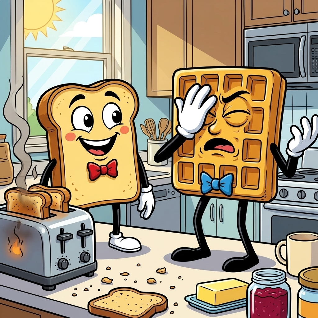 A Toasty Situation — page 1 panel 4: Waffle slaps his own face in sheer disbelief at Toast's innocent density.
