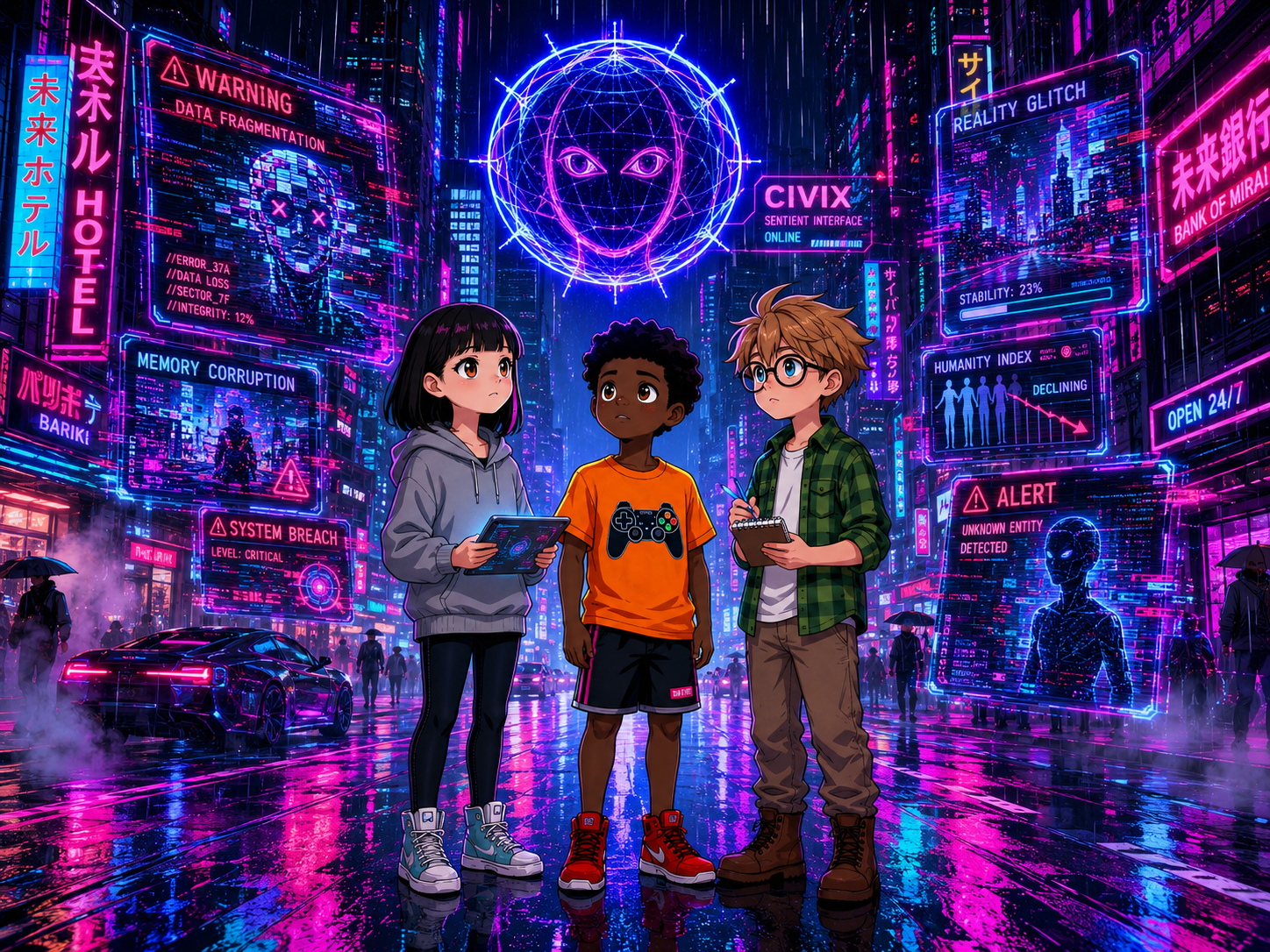 The Digital Defenders: CIVIX Adventure — page 1 panel 5: CIVIX projects holographic warnings around the trio, showing fragmented images of digital chaos. The friends listen intently, realizing the gravity of their situation.