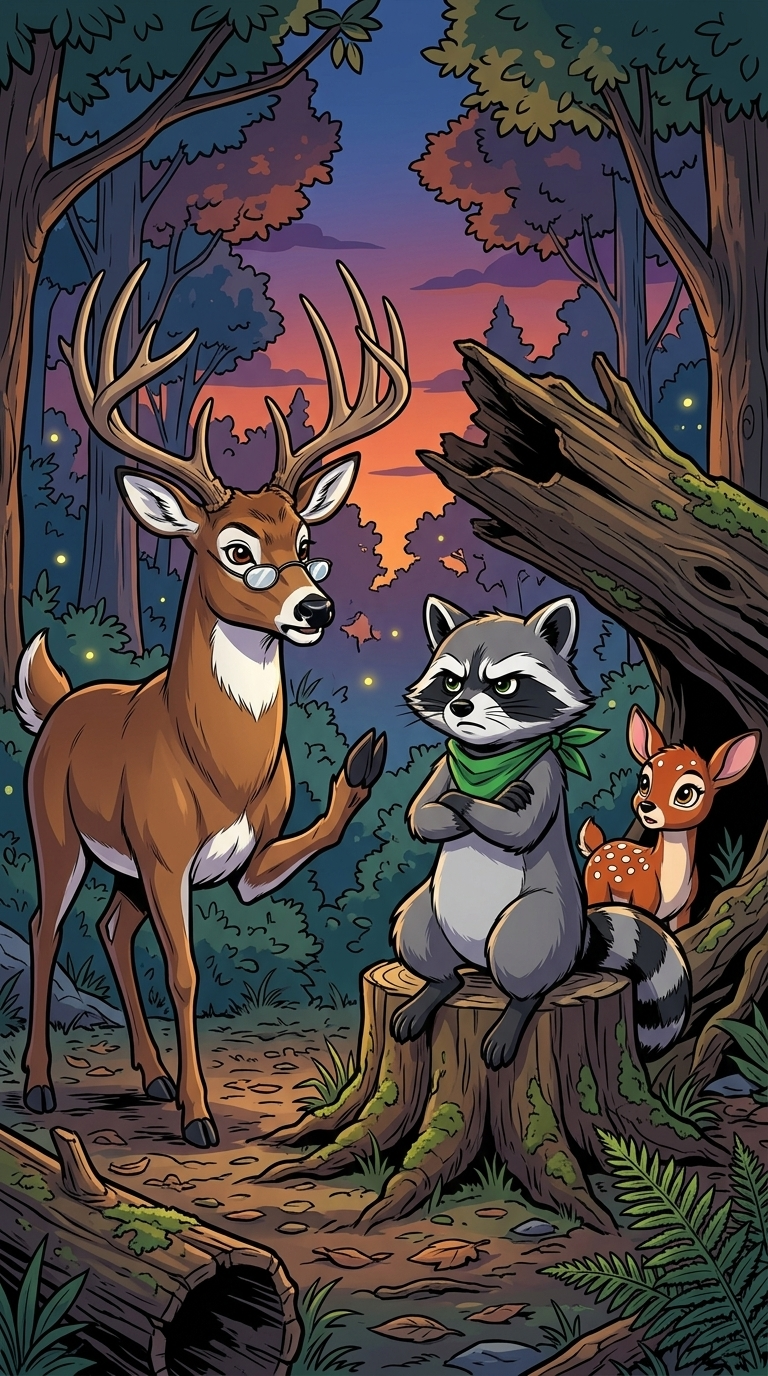 The Burn Pile Council — page 1 panel 5: Gus lectures Bandit about the rules, while Sprout watches with wide, curious eyes.