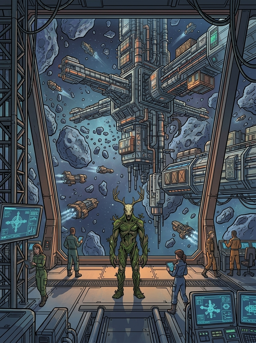 Altir's Fall — page 20 panel 1: Establishing shot of Orion Station, a massive industrial structure in an asteroid field.
