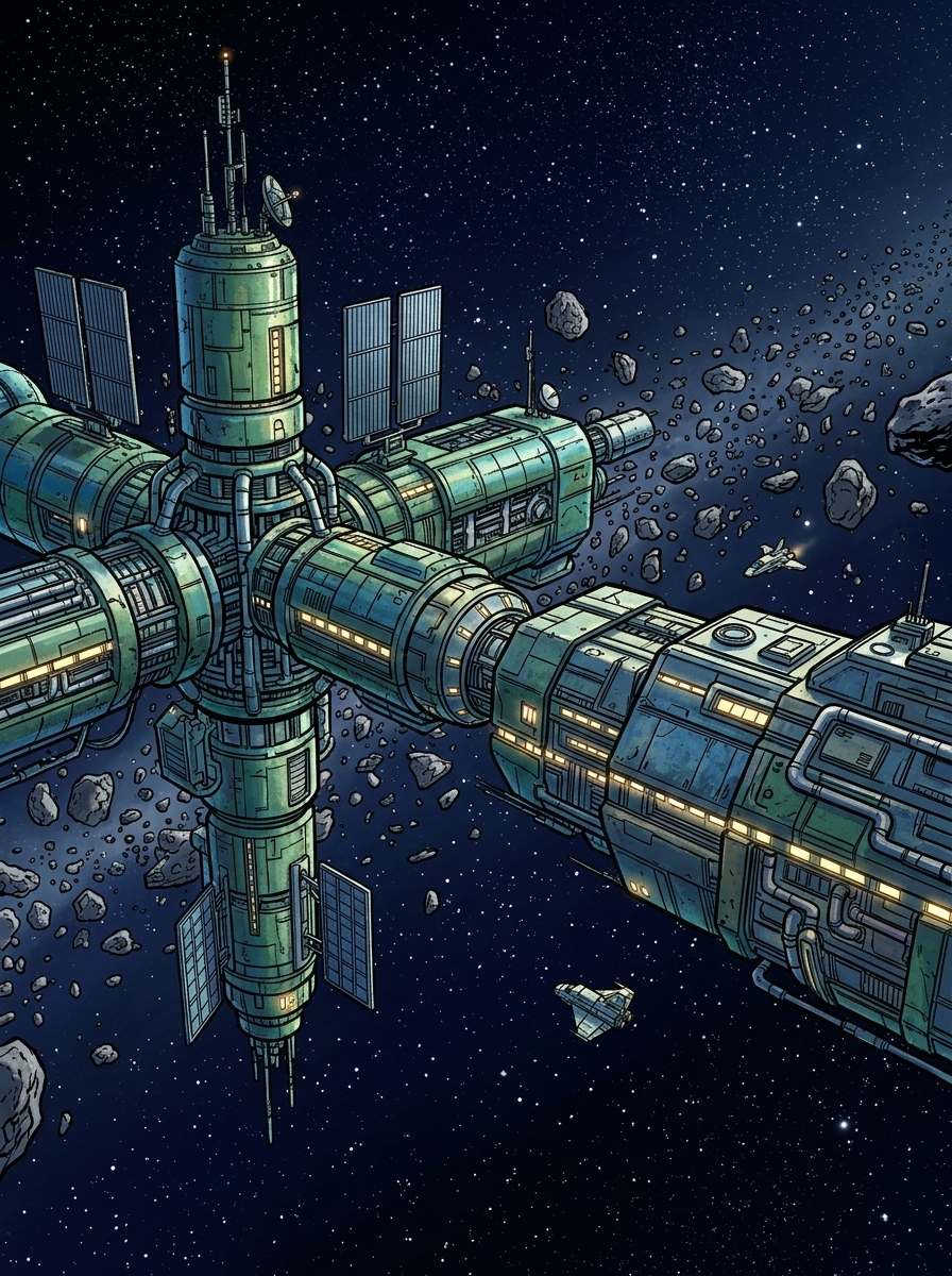 Altir's Fall — page 23 panel 1: Grand final shot of Orion Station floating against the backdrop of a vast asteroid field.