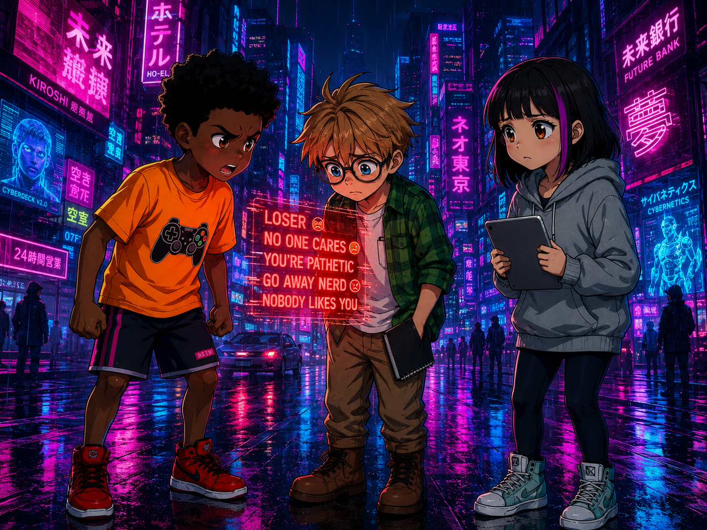 The Digital Defenders: CIVIX Adventure — page 2 panel 4: A harsh, hurtful message about Sam appears in glowing red text, floating menacingly. Sam looks visibly hurt, Jordan clenches his fists in anger.