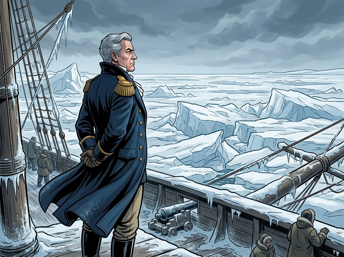 The Man Who Outlived the Ice — page 2 panel 5: Sir John Franklin stands on the frozen deck, facing the endless ice. The wind whips his heavy coat, but his expression is one of defiant determination, not fear.