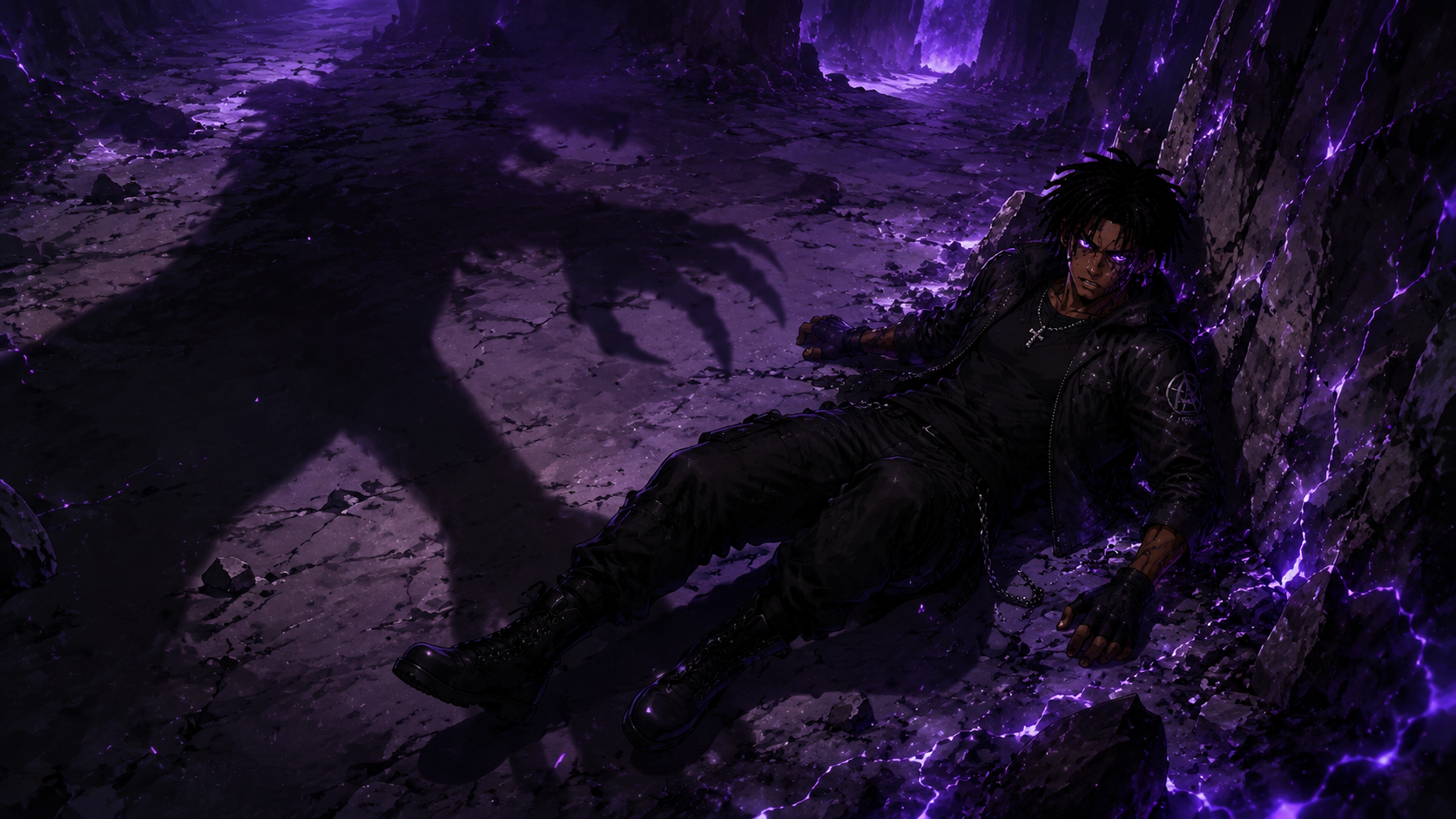 ZERO RANK — Episode 1: Rank Zero — page 2 panel 5: Malik Cross lies exhausted beside a cavern wall as the monster's shadow stretches over him. His body can barely respond, and survival seems impossible.