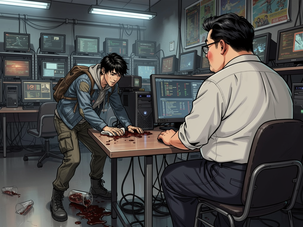 赵明的夏天 — page 2 panel 1: 赵明第一天上班，笨拙地擦拭着电脑桌，不小心打翻了饮料，老板在旁边无奈地看着。