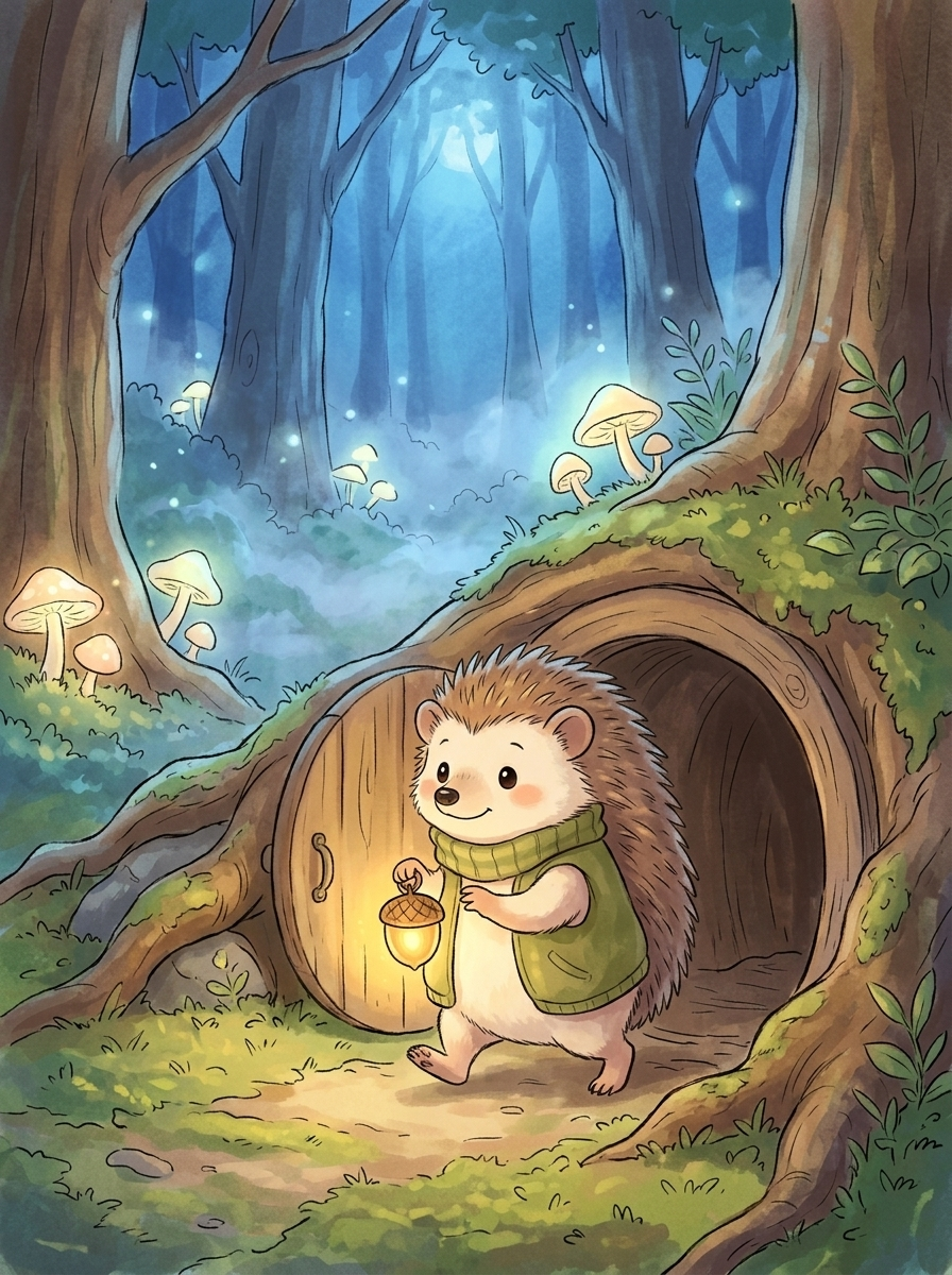 Pip and the Beautiful Dark — page 2 panel 1: Pip bravely steps out of his burrow entrance into the magical moonlit forest, holding a tiny acorn lantern.