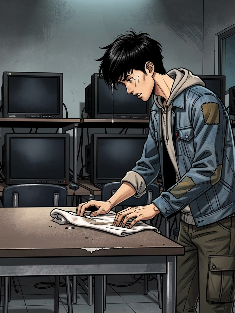 赵明的夏天 — page 2 panel 2: 深夜，网吧里只剩下零星几个顾客，赵明独自一人，疲惫地擦拭着桌椅，汗水打湿了发梢。