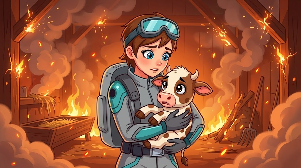 Skye the Sky-Rider — page 2 panel 2: Inside the collapsing barn, Skye finds a terrified calf amidst the smoke and falling embers. She gently but firmly scoops the small animal into her arms, offering a comforting presence.