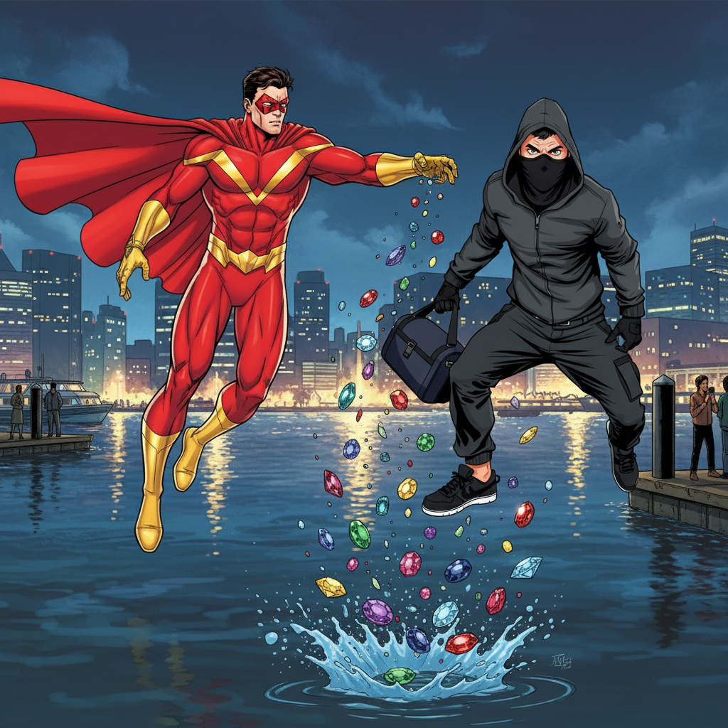 Crimson Comet: Harbor Heist — page 2 panel 3: Still mid-air, plummeting towards the sparkling harbor below, Crimson Comet reaches out with lightning speed. He snatches the thief just as he's about to hit the water, the jewels scattering around them.