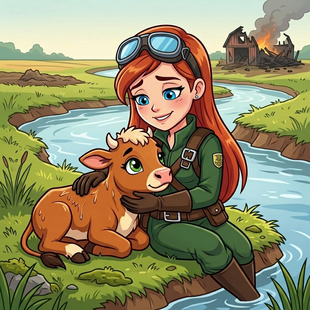 Skye the Sky-Rider: Barn Fire — page 2 panel 3: Skye, exhausted but relieved, gently comforts the wet calf by the creek bank, watching the smoldering ruins of the barn from a safe distance.
