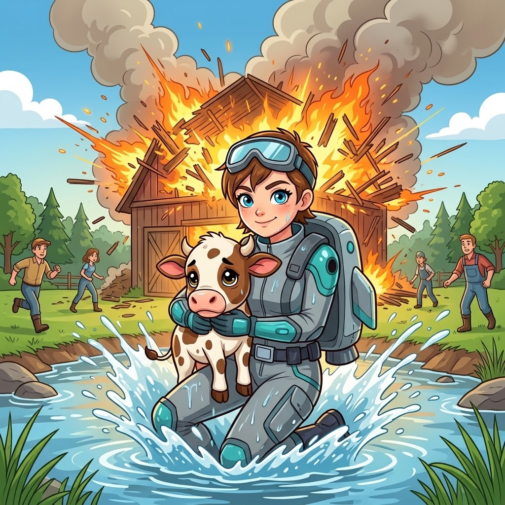 Skye the Sky-Rider — page 2 panel 3: Skye, carrying the calf, splashes down into the shallow creek that runs through the valley. Just behind her, the barn's roof collapses in a fiery explosion of wood and sparks, marking their narrow escape.