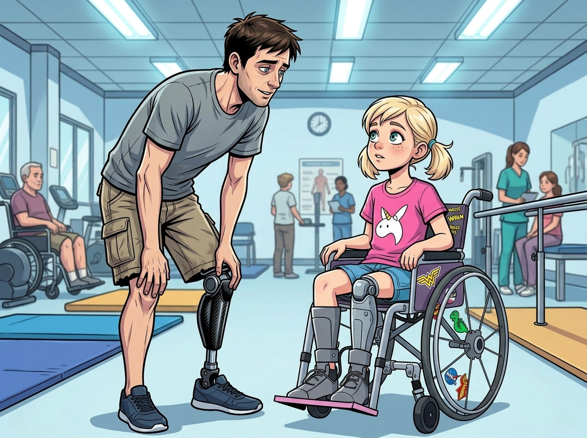 The Ghost Leg and the Coming Storm — page 2 panel 3: Andrew meets Emma's gaze, deciding to tell the truth. He explains his 'ghost leg' and phantom pain, and Emma's eyes widen in solemn understanding, revealing her own similar experience.
