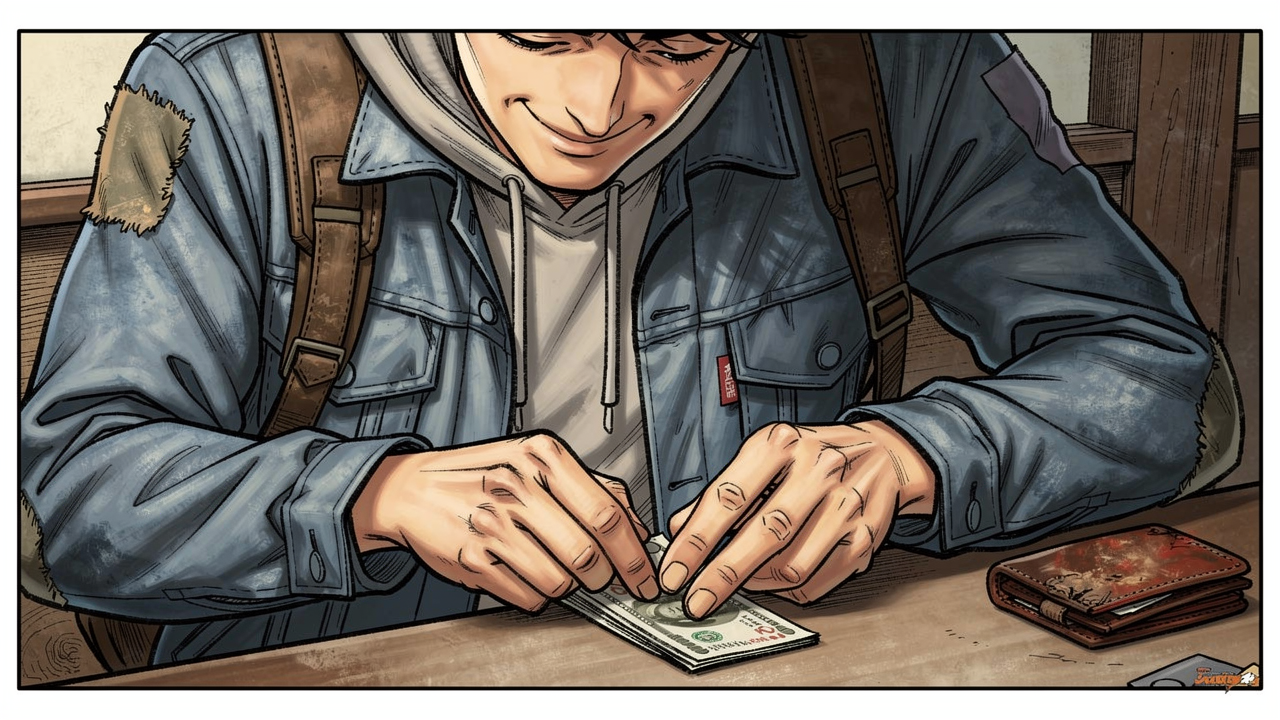 赵明的夏天 — page 2 panel 4: 赵明在休息时间，小心翼翼地数着攒下的钱，眼神中充满了希望和满足。