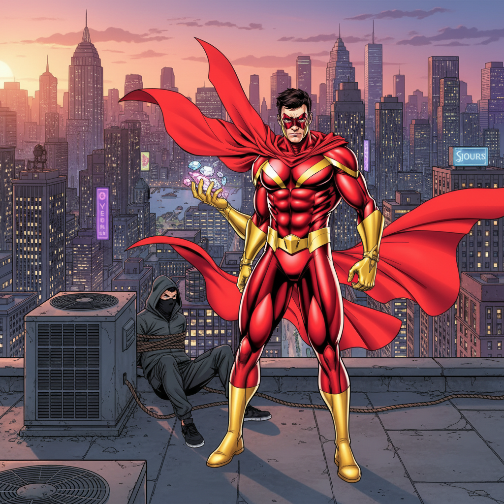 Crimson Comet: Harbor Heist — page 2 panel 5: Back on a quiet rooftop, Comet stands tall, the thief secured and the jewels sparkling in his hand. The city sleeps peacefully once more, its guardian ever-vigilant.
