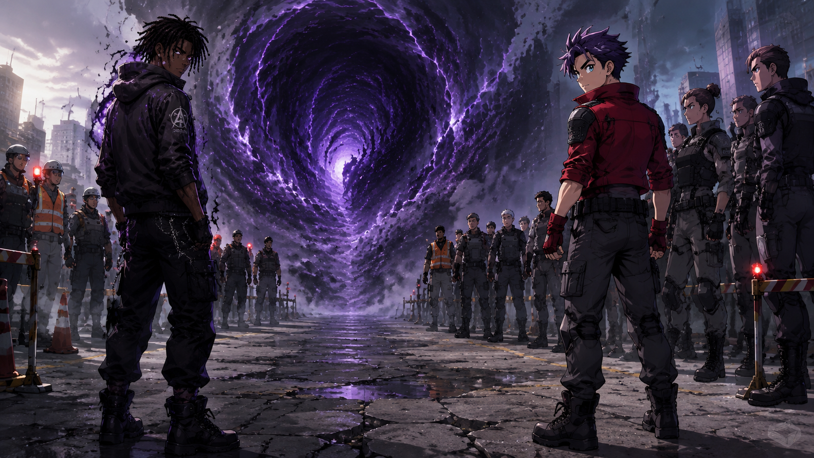 ZERO RANK — Episode 1: Rank Zero — page 2 panel 1: At the entrance to a low-level Gate, Malik Cross stands among a small group of prepared Awakened. His equipment is modest, and his confidence is mostly an act.
