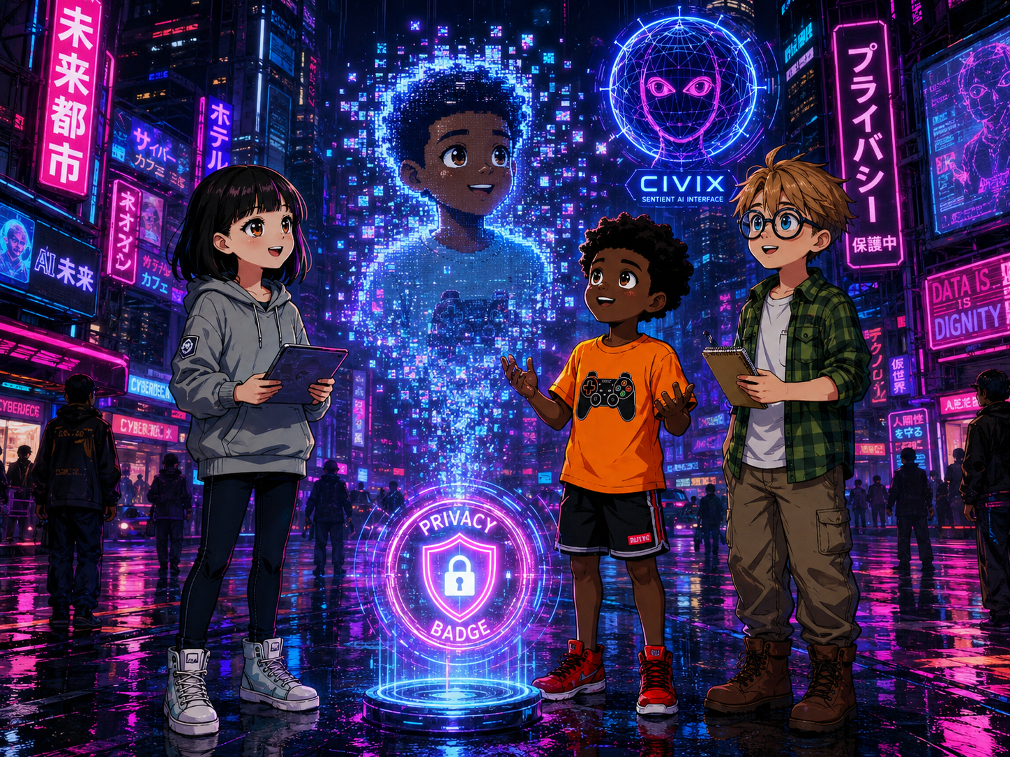 The Digital Defenders: CIVIX Adventure — page 2 panel 2: The trio sends a polite digital request. The floating photo pixelates and vanishes. CIVIX glows brightly, awarding them the 'Privacy Badge.' Jordan looks relieved.