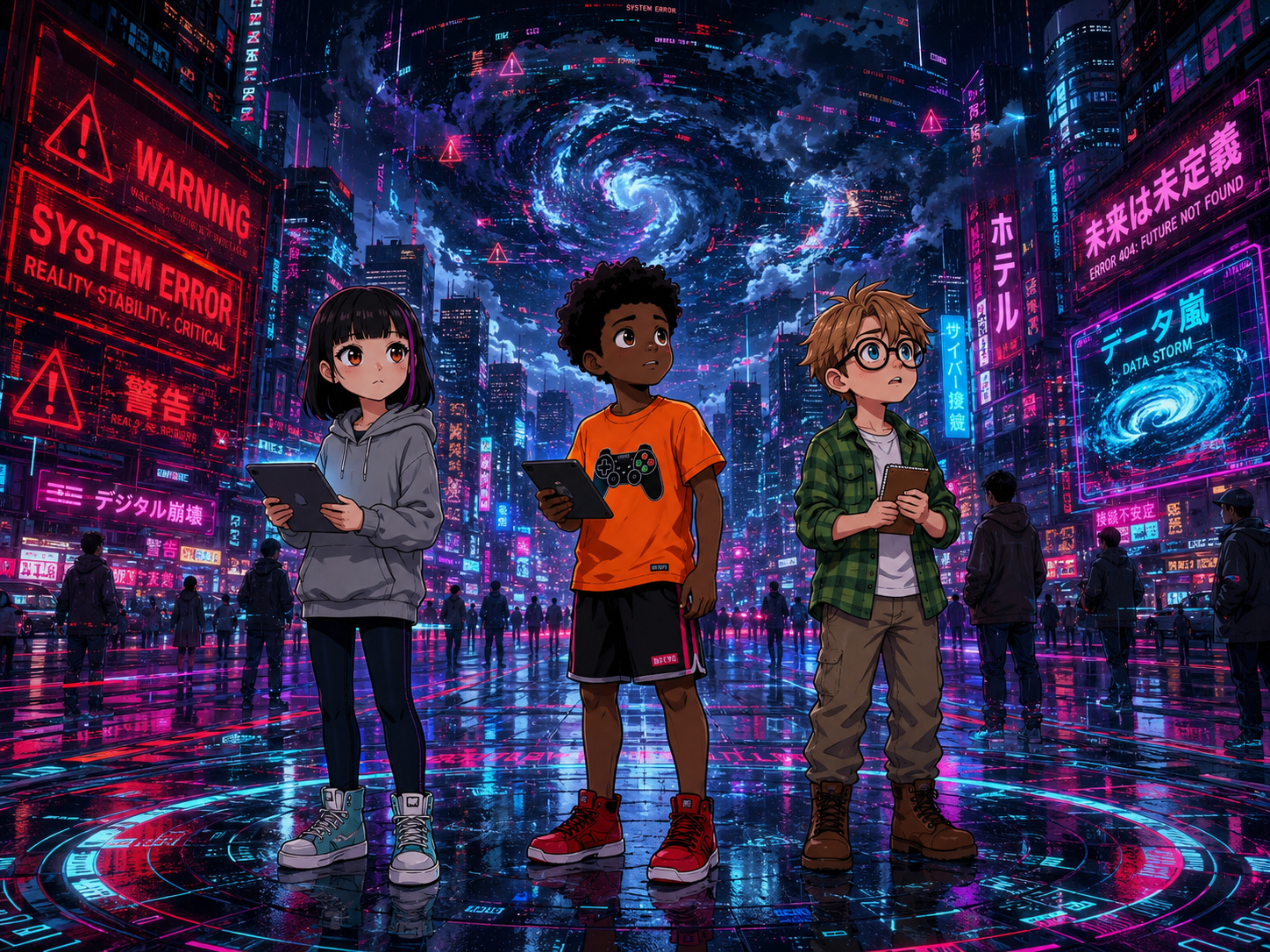 The Digital Defenders: CIVIX Adventure — page 2 panel 3: The digital landscape shifts, becoming darker and turbulent, with swirling data clouds resembling a storm. The friends look around nervously.