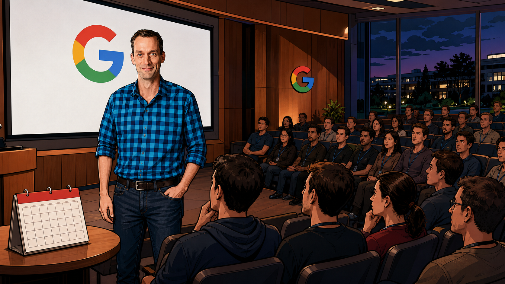 The Man Who Built Google's Brain — page 3 panel 4: On August 10, 2026, Jeff Dean stands before a Google audience and announces that he is leaving after twenty-seven years. The room falls silent.