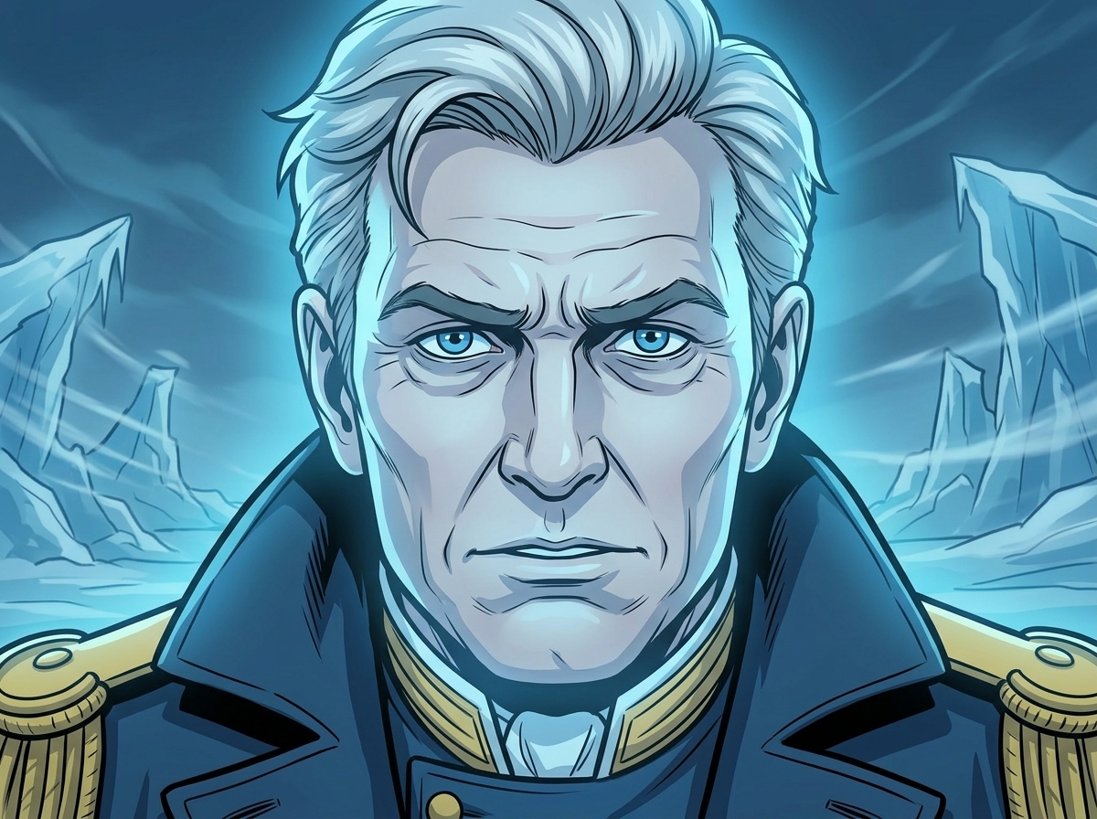 The Man Who Outlived the Ice — page 3 panel 5: A close-up on the ghostly Sir John Franklin's face, a look of slight confusion and stubbornness, still searching, still refusing to believe he is truly lost.