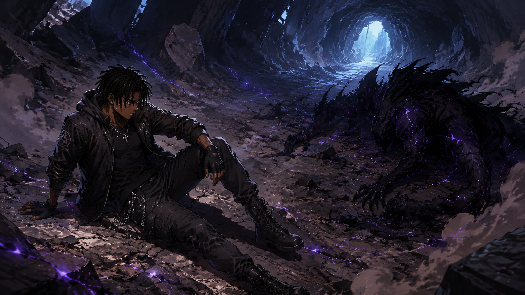 ZERO RANK — Episode 1: Rank Zero — page 3 panel 5: The monster falls and becomes still. Malik Cross remains standing for one breath before collapsing beside it, utterly exhausted but alive.