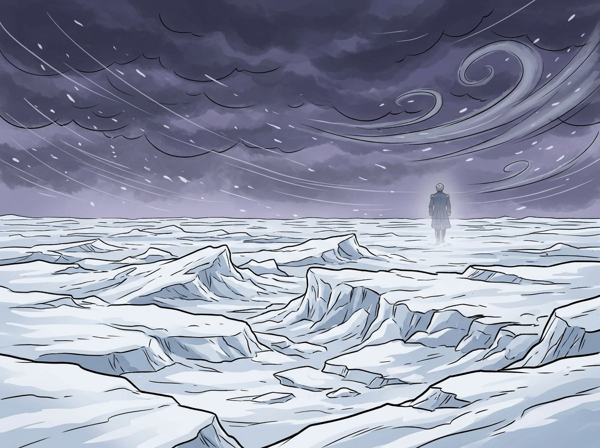 The Man Who Outlived the Ice — page 3 panel 6: The final image: an immense, empty expanse of Arctic ice under a screaming wind. A faint, almost imperceptible figure (Franklin) continues his eternal, deluded walk into the white.