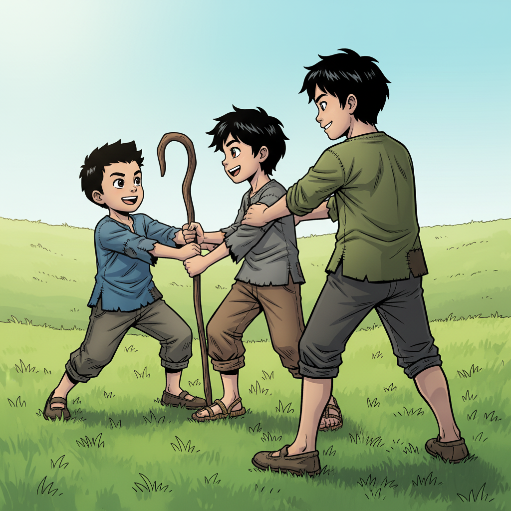 王二小智斗鬼子 — page 3 panel 4: 在一次躲闪中，王二小差点被大牛“捉”到，小明眼疾手快，一把将王二小拉到自己身后，两人相视一笑，默契无间。