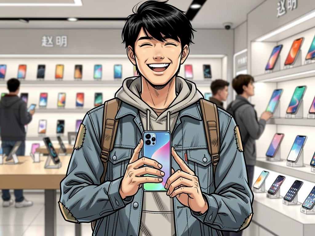赵明的夏天 — page 3 panel 4: 赵明终于在手机店里，小心翼翼地拿起一部崭新的手机，脸上洋溢着无法抑制的喜悦。