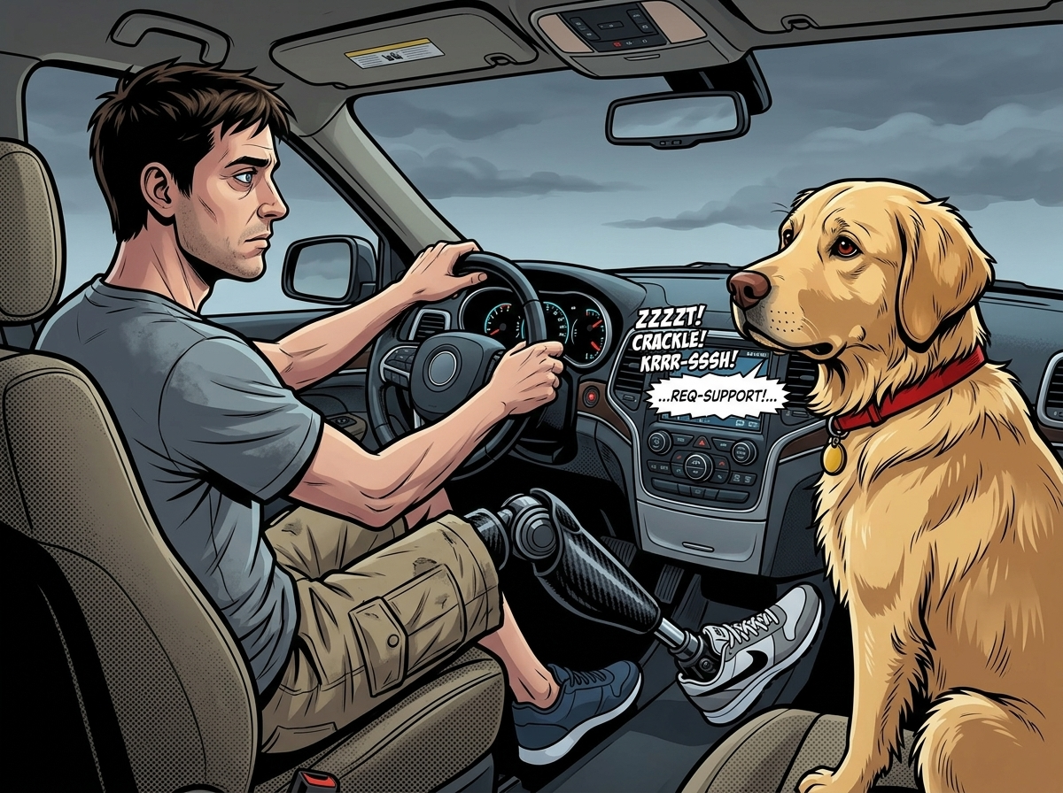The Ghost Leg and the Coming Storm — page 3 panel 5: Inside his car, Andrew listens to a radio broadcast announcing a mandatory evacuation for Hurricane Milton. Watson is rigid, his head moving in a pattern: sky, then Andrew's right leg, then sky again, as if comparing two signals.