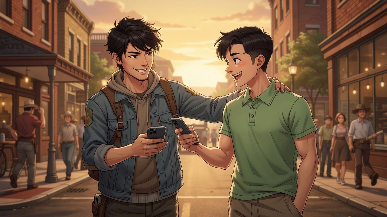 赵明的夏天 — page 4 panel 1: 赵明在街边向小李展示他的新手机，小李为他感到高兴，拍了拍他的肩膀。