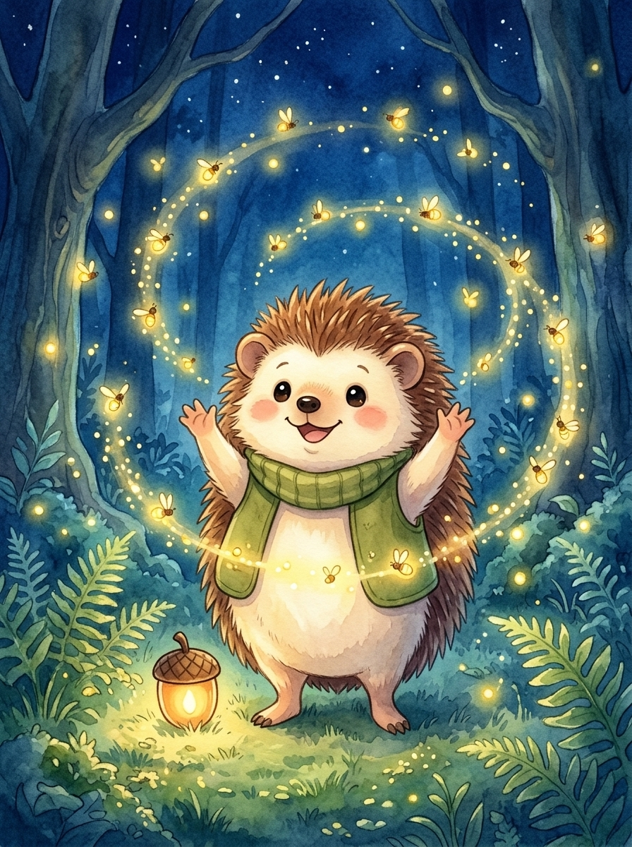 Pip and the Beautiful Dark — page 4 panel 1: Pip is surrounded by a swirling family of glowing fireflies in a magical forest clearing.