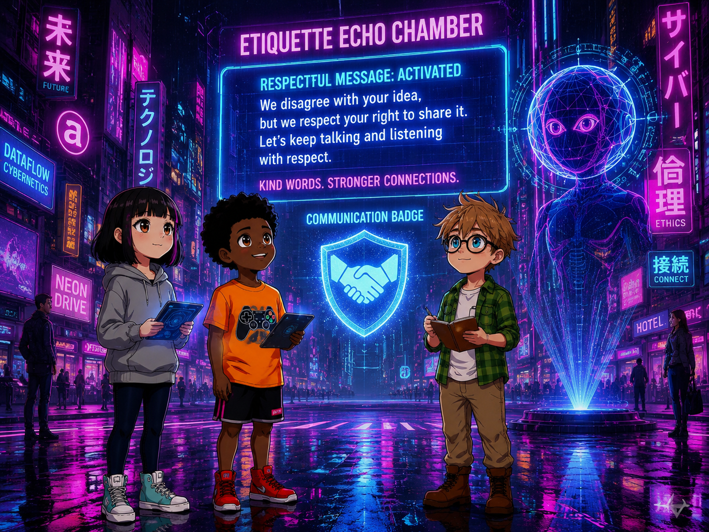 The Digital Defenders: CIVIX Adventure — page 4 panel 3: The rewritten, respectful message replaces the harsh one, radiating calm. The echo chamber quiets. CIVIX awards the 'Communication Badge.'